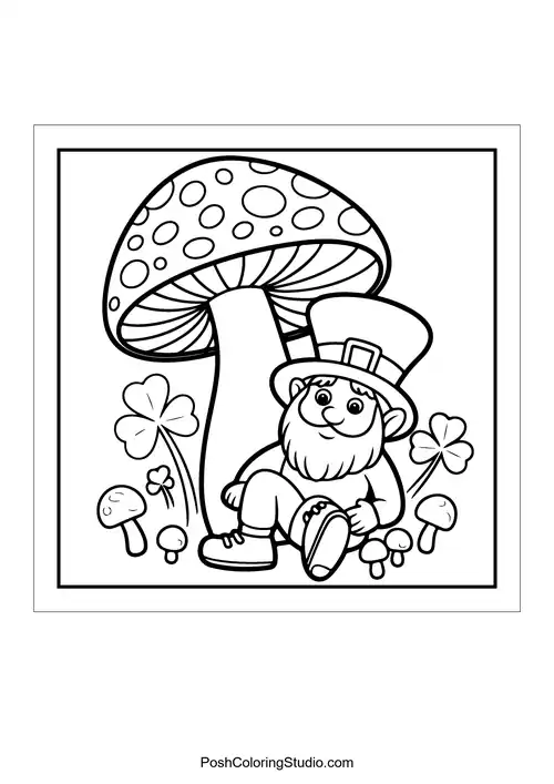 A leprechaun sitting next to a large mushroom.