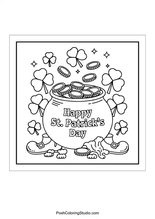 A pot of gold with festive text and leprechaun boots.