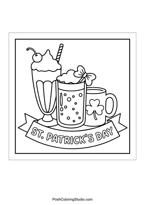 Three drinks with festive text and clovers.