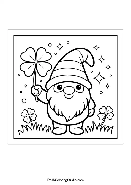 A gnome holding a clover surrounded by sparkling stars.