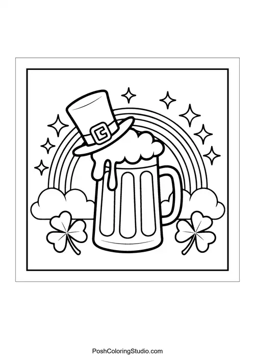 A beer mug with a leprechaun hat and rainbows.