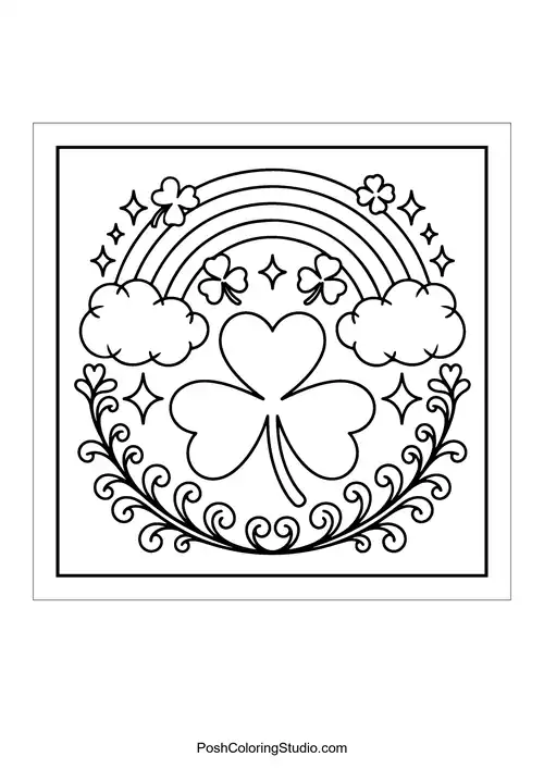 A large four-leaf clover surrounded by decorative swirls and rainbows.