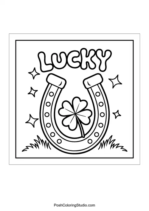 A horseshoe with the word 'Lucky' and a clover.