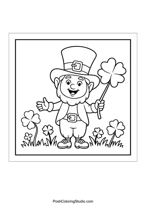 A cheerful leprechaun holding a shamrock in a grassy field.