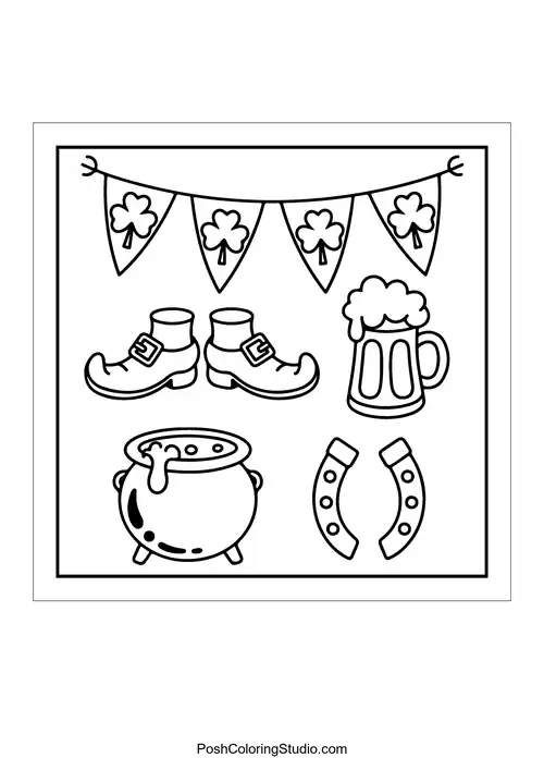 A collection of St. Patrick's Day items including shoes and a beer mug.