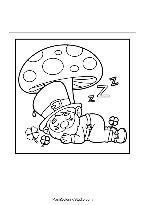 A sleeping leprechaun under a large mushroom with clovers.