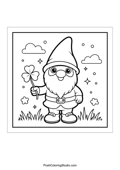 A gnome holding a four-leaf clover surrounded by stars.