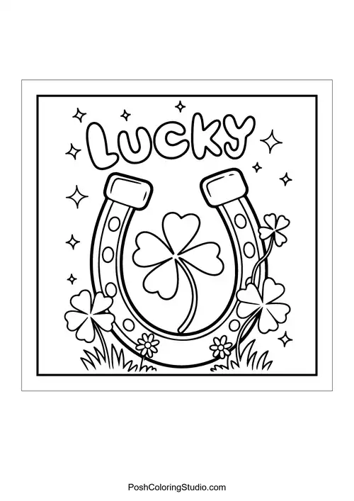 A horseshoe with the word 'LUCKY' and clovers.