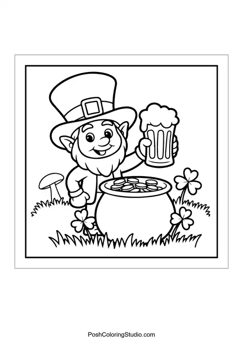 A leprechaun holding a beer next to a pot of gold.