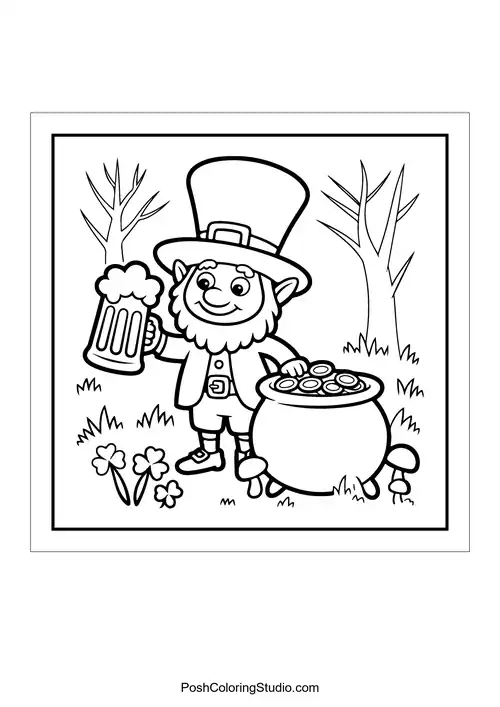 A leprechaun with a beer and a pot of gold in a forest.