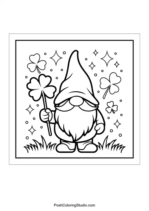 A gnome holding a clover surrounded by sparkling stars.