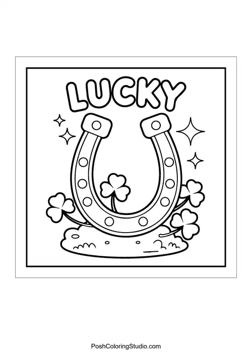 A horseshoe with the word 'LUCKY' and clovers.