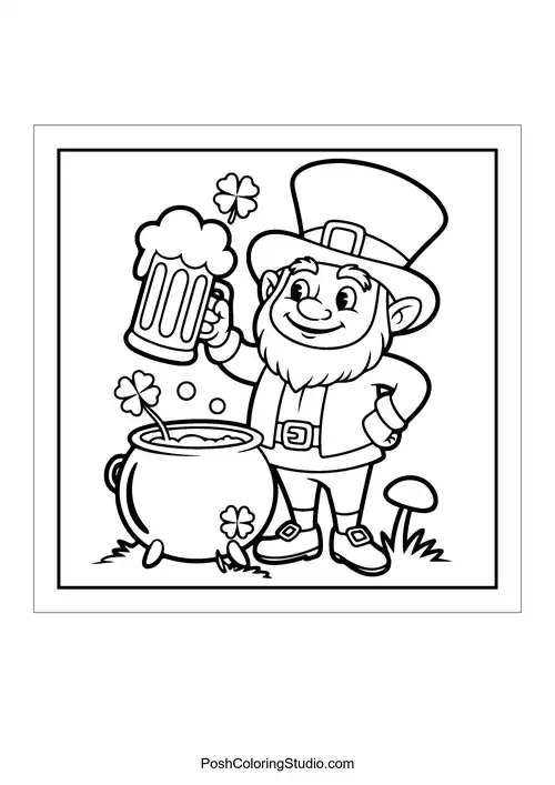 A leprechaun holding a beer and standing by a pot.