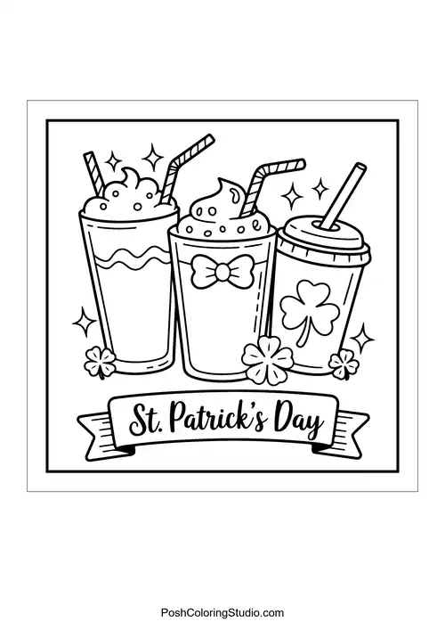 Three festive drinks with a banner reading 'St. Patrick's Day'.
