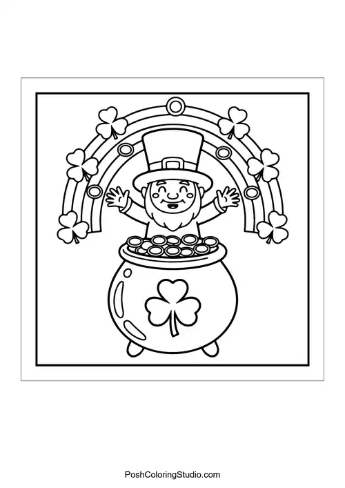 A leprechaun with arms outstretched under a rainbow.
