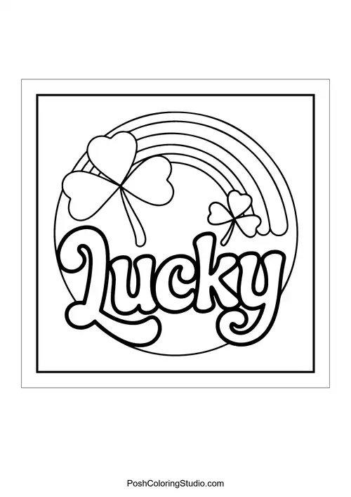 A circular design featuring a rainbow and clovers.