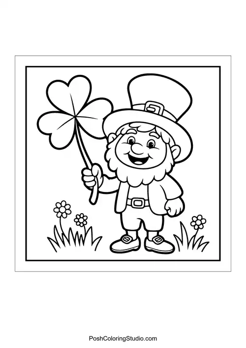 A smiling leprechaun holding a four-leaf clover.