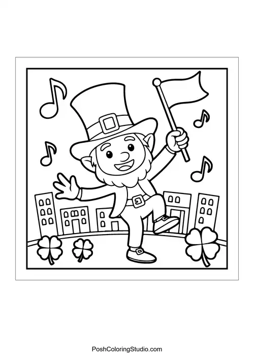 A leprechaun waving a flag with musical notes around.
