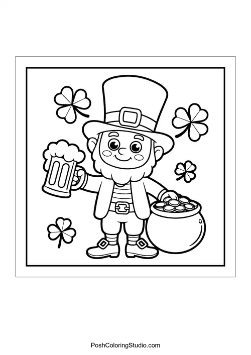 A leprechaun holding a beer and a pot of gold.