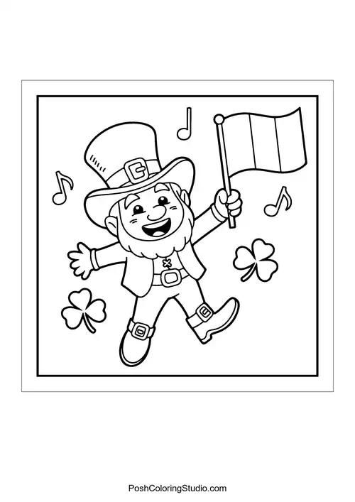 A dancing leprechaun waving a flag with clovers.