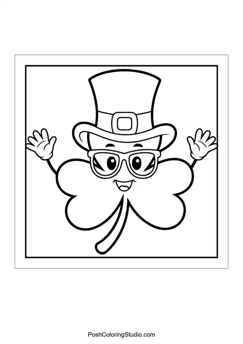 A smiling shamrock character wearing glasses and a hat.