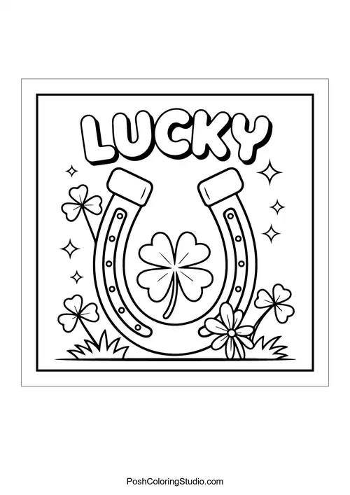 A horseshoe with the word 'LUCKY' and flowers.