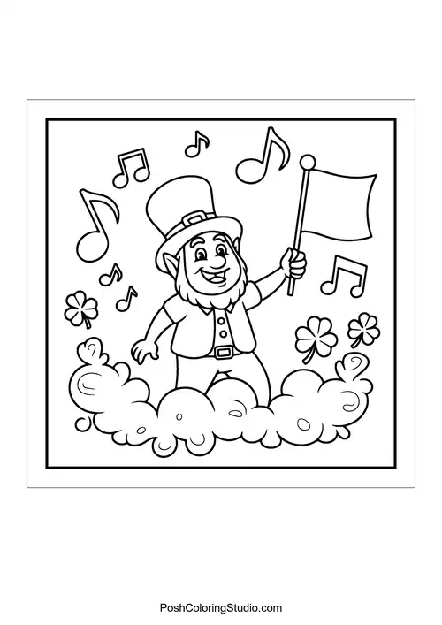A leprechaun waving a flag surrounded by flowers and musical notes.
