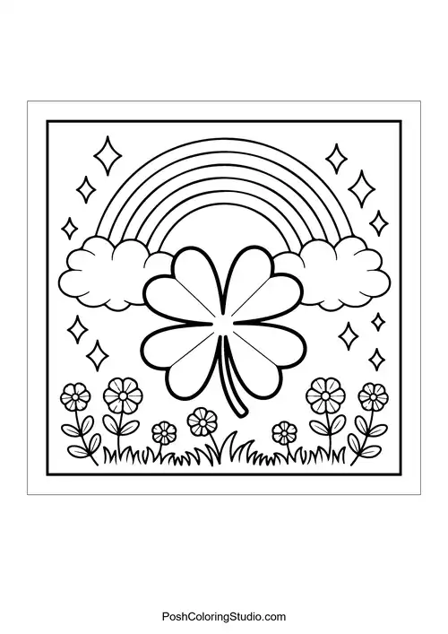 A large four-leaf clover under a rainbow with flowers.
