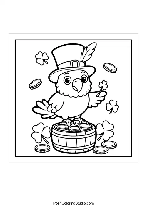 A parrot wearing a hat, standing on a barrel with coins.