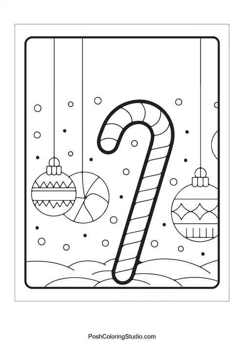 A candy cane with hanging ornaments and snowflakes.