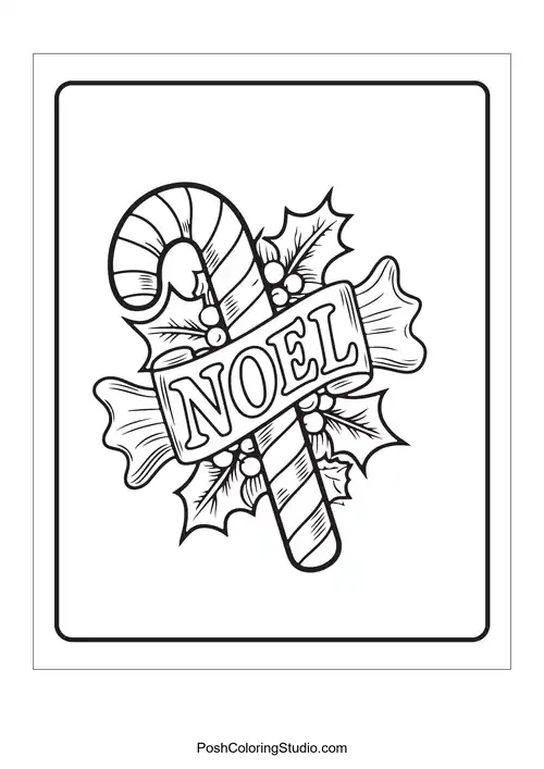 A candy cane with a 'Noel' sign and holly.