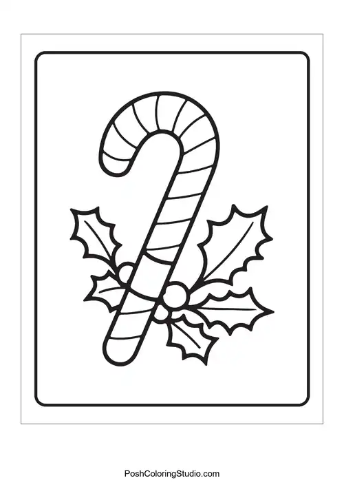 A candy cane surrounded by holly and berries.