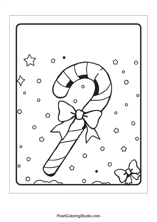 A candy cane with a bow and stars around it.