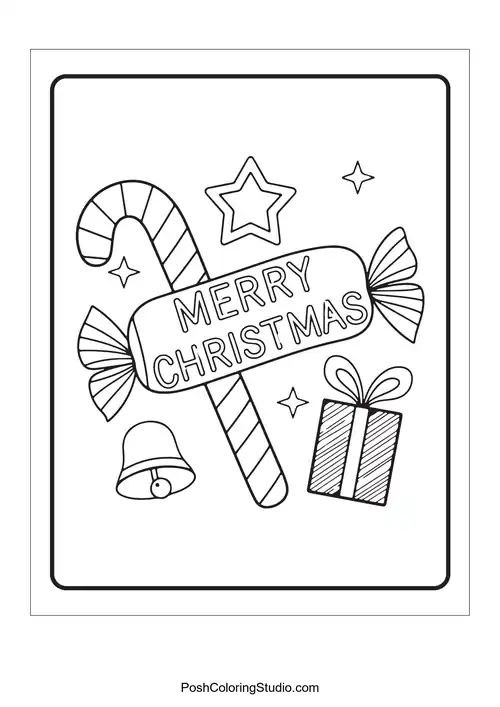 A candy cane next to a gift box and a Christmas tree.