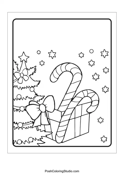 A candy cane with bows and snowflakes around it.