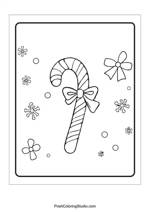 A candy cane in a snowy scene with stars.