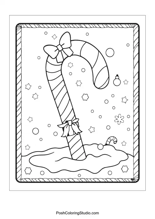A candy cane with a bow in a snowy landscape.