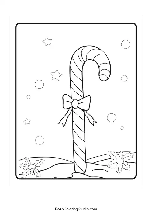 A candy cane with a bow surrounded by stars and bubbles.