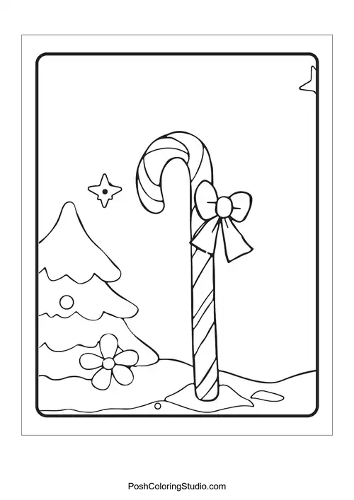 A candy cane next to a Christmas tree and a flower.