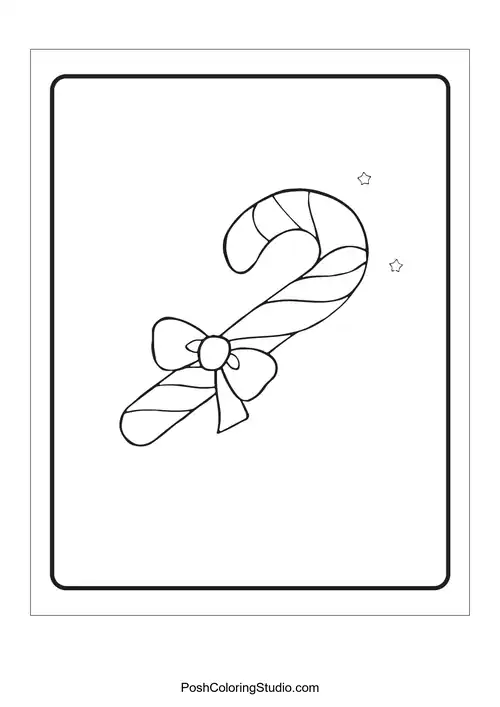 A candy cane with a bow and small stars around it.