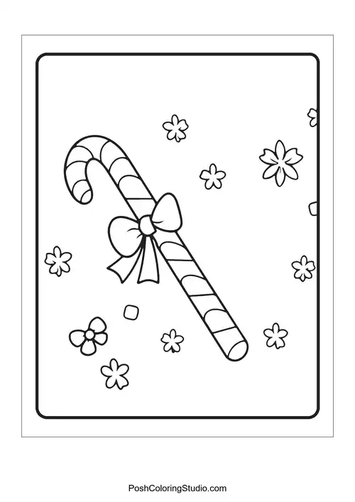 A candy cane with a bow surrounded by flowers.