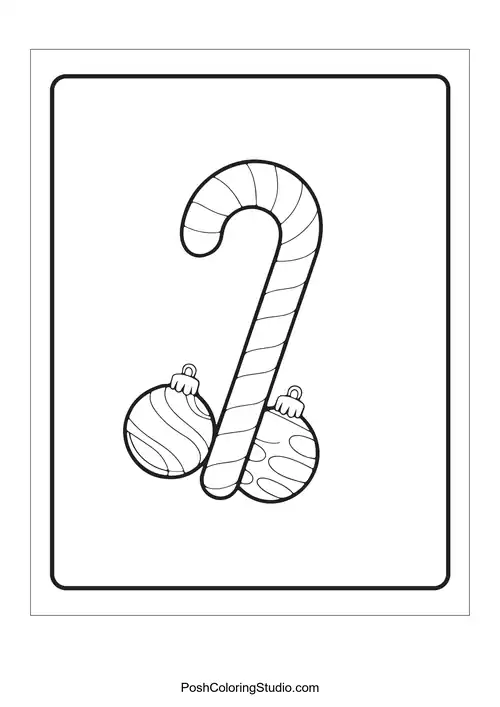A candy cane with two hanging ornaments.