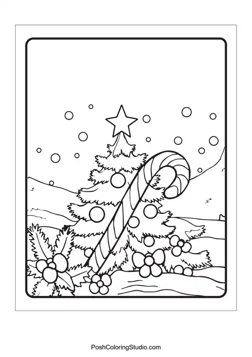 A candy cane beside a Christmas tree and decorative elements.