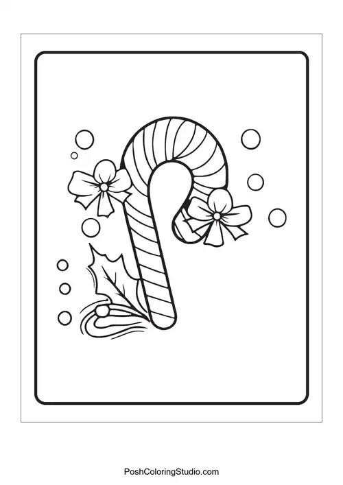 A candy cane with a bow and holly leaves around it.
