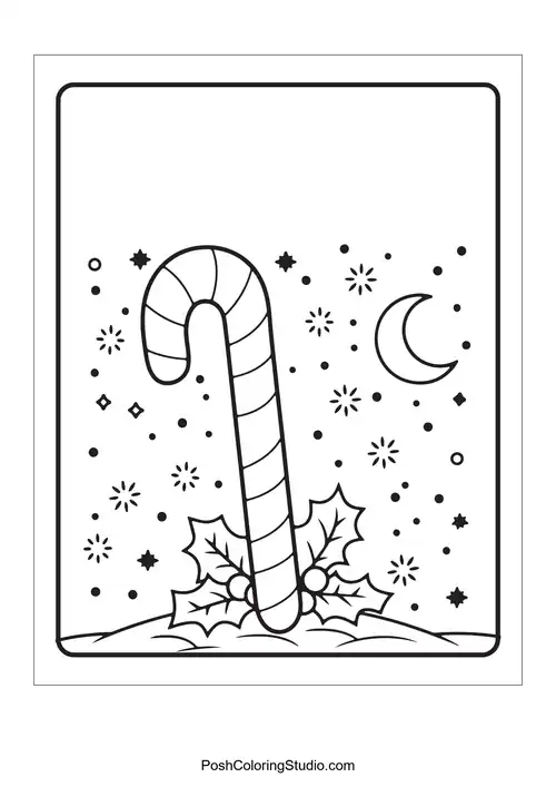 A candy cane surrounded by stars and a crescent moon.