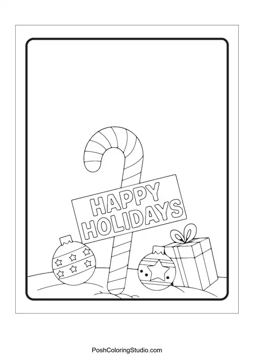 A candy cane next to a sign that says 'Happy Holidays'.