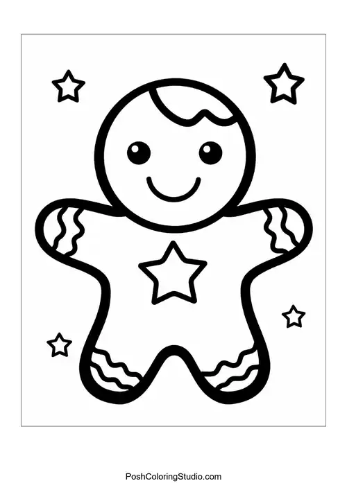 A gingerbread man surrounded by stars and icing details.