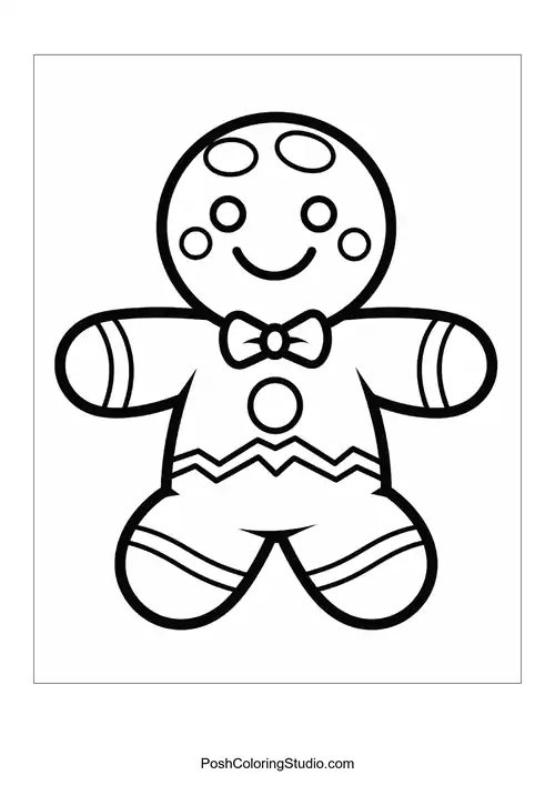 A gingerbread man with a bowtie and circular icing decorations.