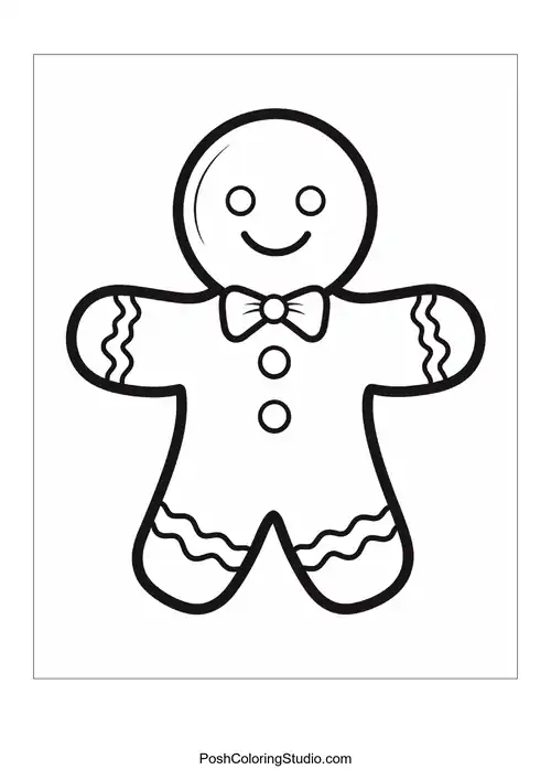 A smiling gingerbread man with buttons and icing details.