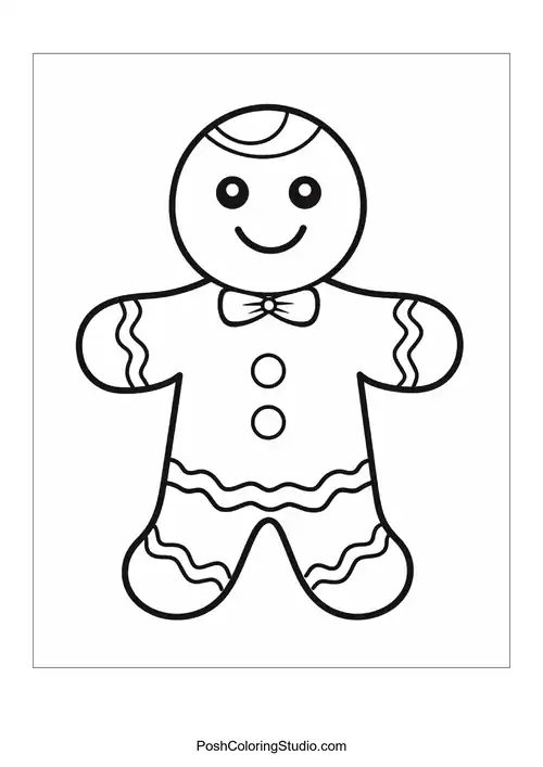A gingerbread man with a bowtie and circular icing details.